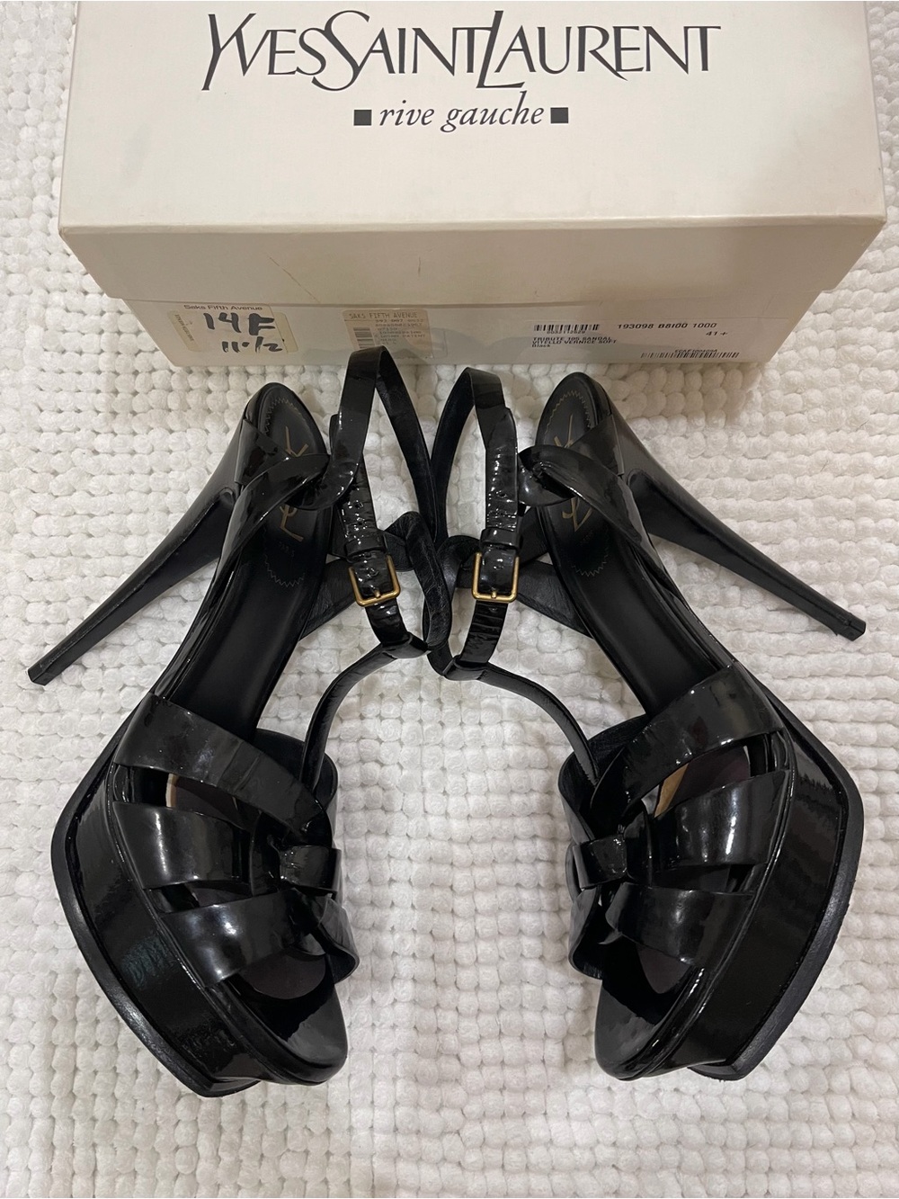 Saint Laurent Black Patent Leather T-Strap Woven Heels with Gold Accents - Picture 5 of 9
